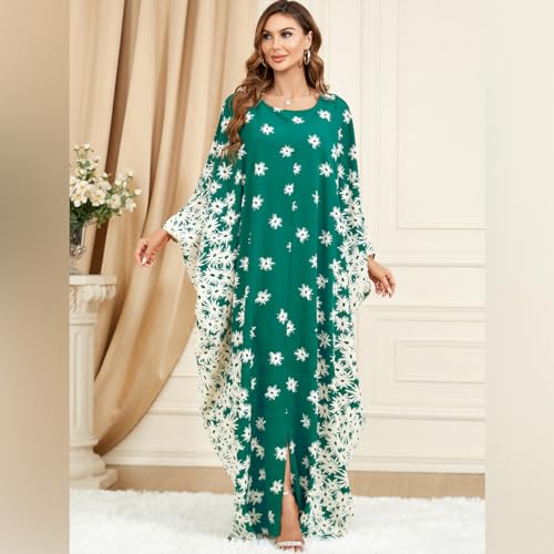 Image of OBEEII Muslim Dress for Women Loose Batwing Sleeved Hooded Beaded Embroidery Long Abaya Dress Kaftan Abayas Islamic Robe