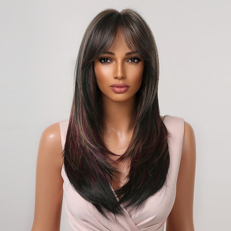 LANOVA Long Copper Red Layered Hair Wig,Auburn Red Highlighted Wigs with Curtain Bangs,Long Straight Synthetic Hair Red Full Wig LANOVA-293