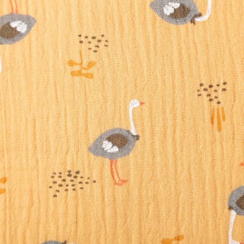 SCHÖNER LEBEN. Muslin Fabric Double Gauze Bird Ochre Yellow Grey 1.30 m Width SCHÖNER LEBEN. Muslin Fabric Double Gauze Bird Ochre Yellow Grey 1.30 m Width