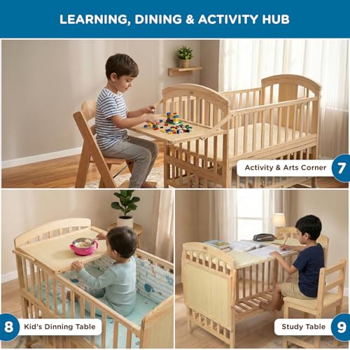 Image of Mee Mee.Dream Grow Baby Cot 15-in-1 Convertible Cradle Cum Cot | Solid New Zealand Pinewood | Bedside Co-Sleeper | 6-Level Height | Rocking Cradle |Toddler Bed |Kids Study Table | BIS & EN Certified