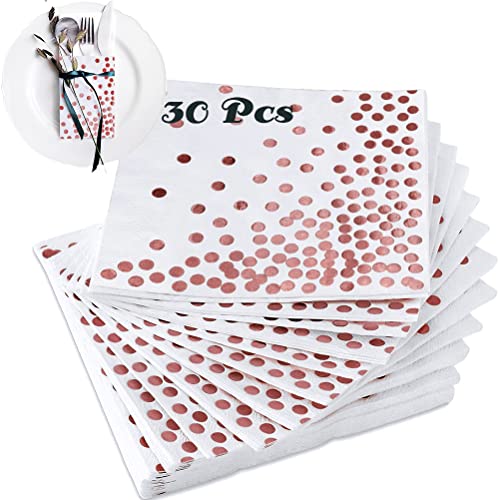 Serviettes Papier Or Rose, Lot de 30 Cocktail Serviettes en Papier Rose Gold à Pois Serviette Papier Anniversaire, Serviettes de Table Papier 3 Plis pour Mariage Mariée Baby Shower Fête - 33 x 33 cm