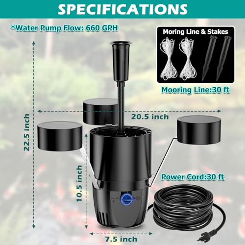 Pond Floating Fountain & Surface Skimmer 2-in-1 Machine w/ 7 Colors Submersible Light 660GPH Water Pump Aerator 30Ft. Power Cord for Ponds Swimming Pool Fishponds Lake