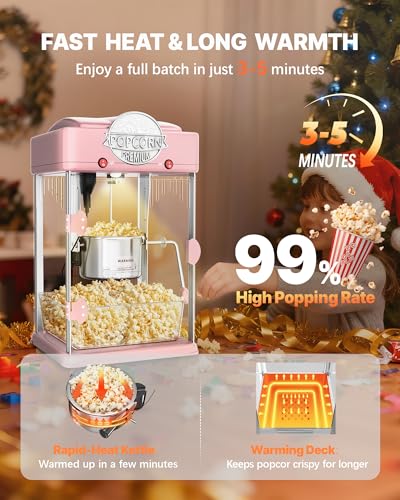 Image of 6 Oz Popcorn Machine, Tabletop Popcorn Maker, Countertop Pop Corn Machine, Movie Theater Popcorn Popper Machine with Stainless-Steel Kettle, Measuring Tool for Home Family, 300 W, Pink