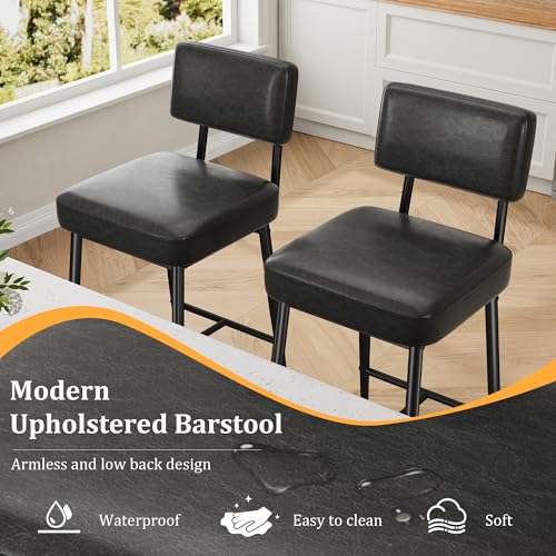 Image of GarveeHome Black Bar Stools Set of 2, 26 inch Counter Height Bar Stools with Back, Faux Leather Upholstered Barstool Chairs with Metal Legs for Kitchen Island, Counter Bar