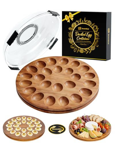 Sevenblue Acacia Wood Deviled Egg Containers with Lid and Handle Portable Deviled Egg Platter for Easter Potlucks & Party Reversible Charcuterie Board Cutting Board