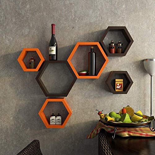 Image of BAS Engineered Wood Brown Art Decorative Display With Hexagon Shape Set Of 6 Floating Wall Shelves And Racks For Living Room (Brown & Orange)
