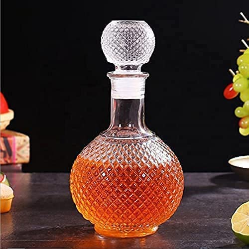 ROSEFINCH Decanter Clear Glass European Style Set of 1, 1000 ml Round Decanter for Liquor, Whisky, Vodka, Scotch, Wine, Beer, Milk, Juice, Water, Tea with Square Lid Square Whiskey Decanter