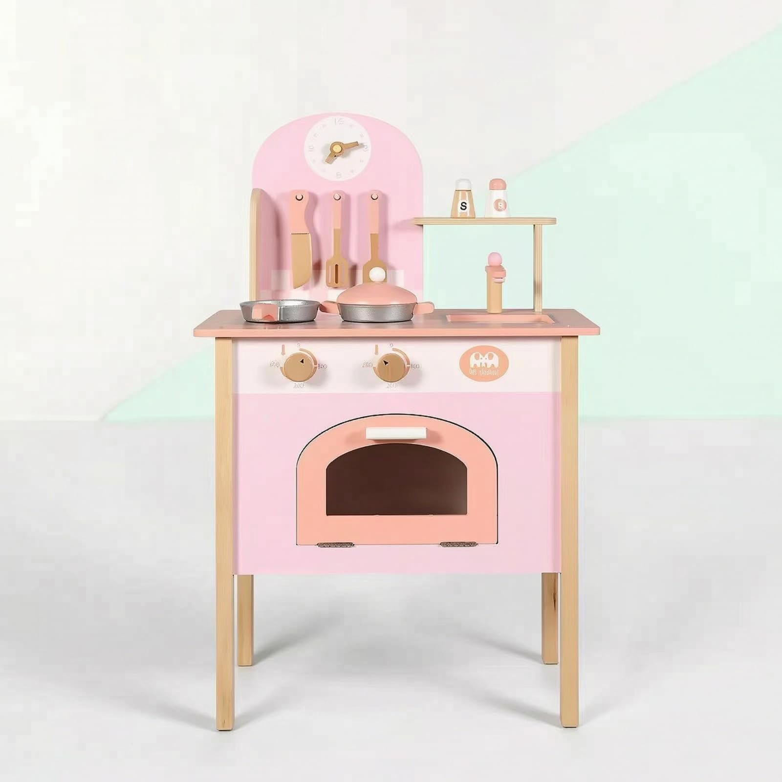 Cucina Giocattolo in Legno con Armadietto Superiore Piano Lavoro E Compartimento Inferiore con Forno a Sportello E Utensili Sospesi Adatta per Cameretta Asilo Gioco Immaginativo , Rosa