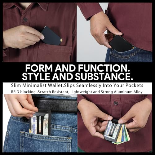 Image of Minimalist Wallet for Men, Slim Metal RFID Blocking Wallet Credit Card Holder Money Clip & Cash Strap, Scratch-Resistant Holds 15 Cards,Ideal Gift for Men | Matt Black