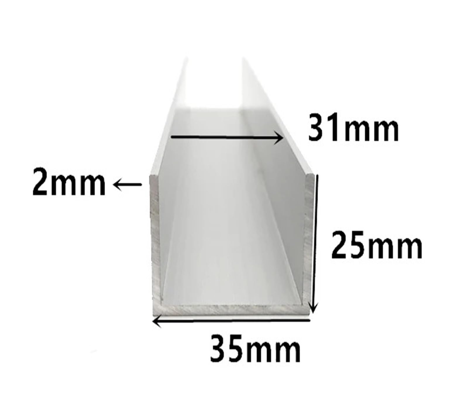 Perfil en U aluminio Perfil de aluminio en forma U, 35 mm x 25 2, ancho exterior, largo 50 cm, borde aleación recubierto vidrio