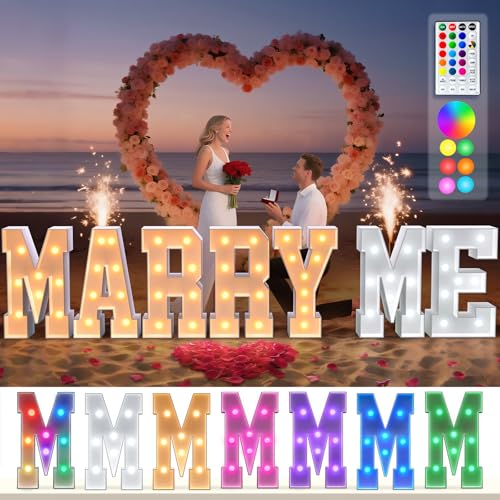 Image of Marry Me Light-up Letters Sign: 18 Colors 3FT Will You Marry Me Sign Large Marquee Letters Kit for Proposal Decorations Outdoor Large Engagement Wedding Party Decorations 2000 Rose Petals Pack of 7