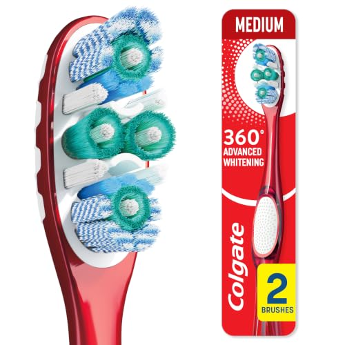 Image of Colgate 360 Advanced Whitening Toothbrush with Medium Bristles, 2 Pack, Adult Manual Toothbrush with Multiheight Bristles, Easy to Open, Recyclable Packaging