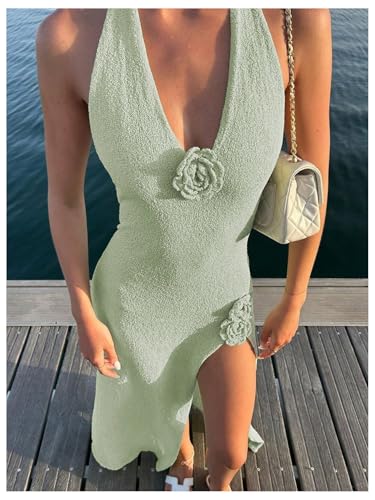 GORGLITTER Women's Flower Bow Halter Bodycon Maxi Dress Backless V Neck Sleeveless Summer Beach Vacation Sundresses3