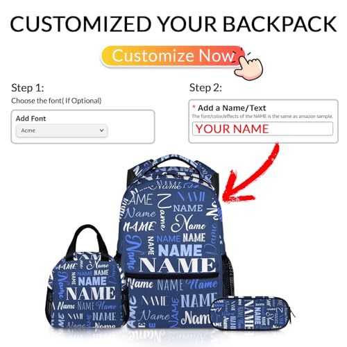 Custom Backpack with Lunch Box Pencil Case with Name, Personalized Kids School Backpack for Boys Girls, Dark Blue 17 Inch Customized Large Capacity Bookbag for Students Children3