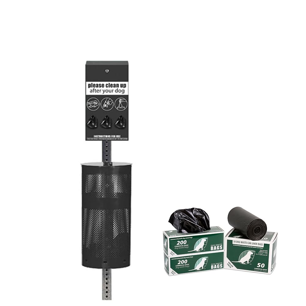 5' Tall Rust Proof Aluminum Low Profile Dog Waste Station for Roll Bags (most popular bags) with 400 waste bags & 25 can liners (Matte Black)