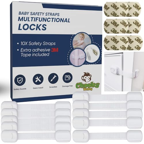 Cheeky Monkey® (10 Pack) Premium Cupboard Locks for Children - Baby Proofing Child Safety Strap Kitchen Cupboards Cabinets with Drawers, Cabinet & Drawer Kids Proof, Adhesive 6 Extra Stickers