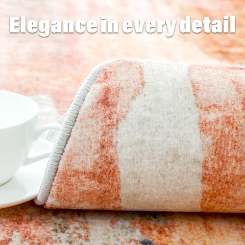 Image of Carvapet 5ft Round Rug Rust Orange Modern Abstract Washable Low Pile Carpet