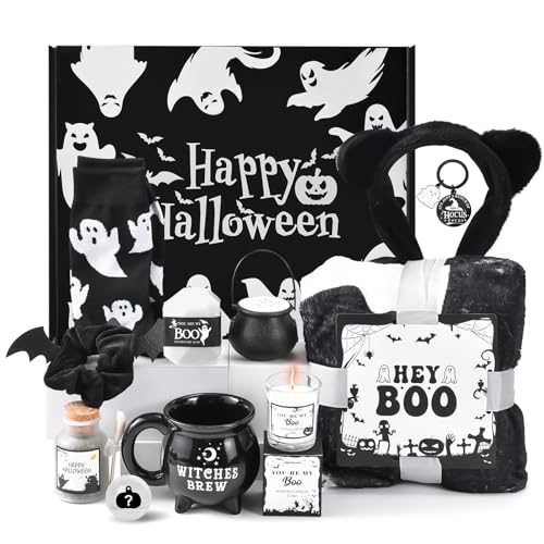 Boo Basket Stuffers for Women Teens - Halloween Boo Basket Stuffers Gift Ideas with Ghost Blanket Cauldron Mug Socks & Spa Gifts for Women Teen Girls (Black, Count, 11)