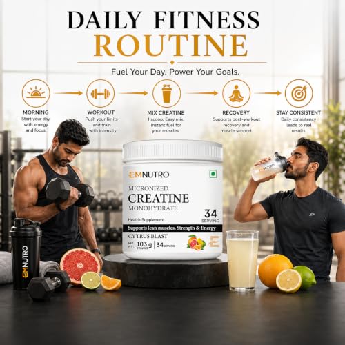 Image of Creatine Monohydrate Micronized Powder, Citrus Blast Flavour, 103 g | Easy Mix Creatine Supplement for Men & Women | Pre & Post Workout | Gym & Fitness Nutrition
