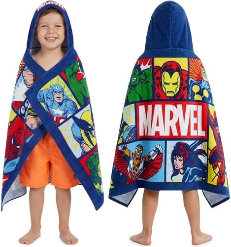 Get Trend Marvel Bath Towels with Hood for Boys, Soft Absorbent Cotton Beach Towels, Swimming Pool Hooded Poncho for Kids, Shower Bath Cozy Superhero Gifts for Boys Ages 6-14 (Multi Marvel)