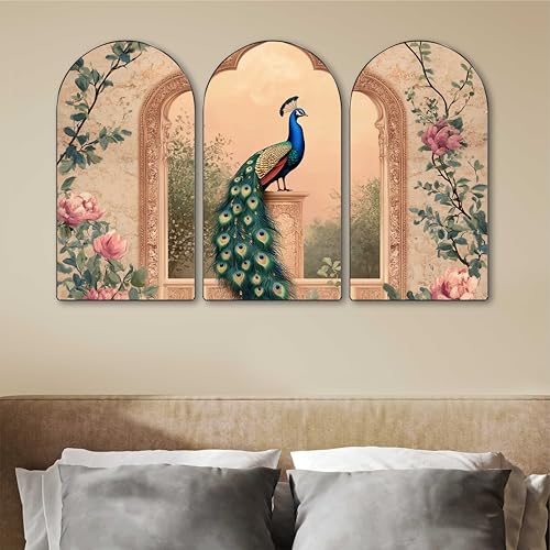 Image of Livin'luxe Peacock Wall Art | Set of 3 MDF Panel Paintings | Vintage Floral Theme Decorative Wall Hanging for Living Room, Bedroom, Office & Home Interiors (20 x 30 Inch) RPNS-04