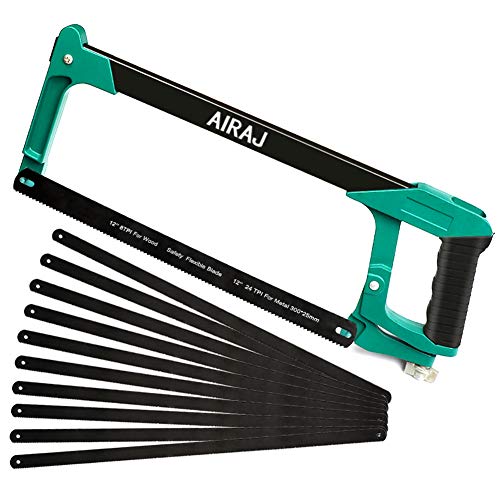 AIRAJ 12 Inch High-Tension Hacksaw Frame with 11 Quality Replaceable Saw Blades