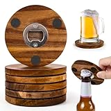 2-in-1 Wood Coasters with Bottle Opener, Set of 6 – Funny Acacia Wood Drink Coasters with Stainless Steel Openers & Non-Slip Feet – Durable and Functional for Beer or Soda Drinking