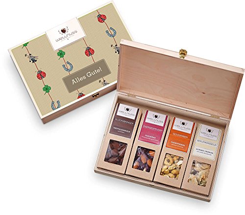 WELLNUSS ,,Alles Gute“ Gourmet Geburtstagsgeschenk I Feinkost Geschenkset zum Geburtstag für Frauen & Männer I In hochwertiger Birkenholzbox I 4 außergewöhnliche Nussmischungen & Schokoladen-Snacks