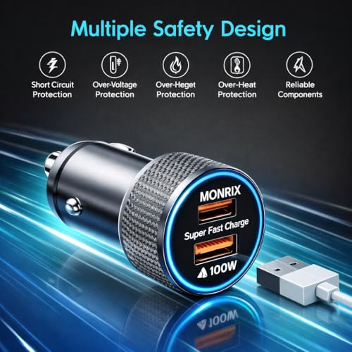 Image of 145W Fast Charging Car Charger with Dual Output 100W QC USB & 45W PD Type-C Adapter for iPhone, Android, Smartwatch, Earbuds & Power Bank