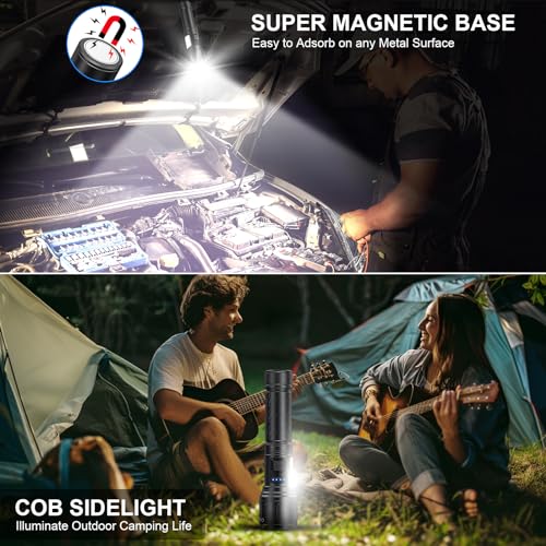 Image of Banral Rechargeable Magnetic Flashlights High Lumens, Super Bright LED Powerful Flashlight 8 Modes with COB Work Light, Waterproof Handheld Flash Light for Camping (2 Pc with Leather Box, Black)