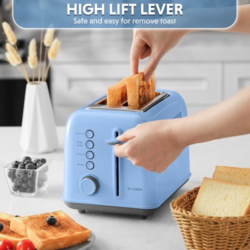 Image of BUYDEEM DT620 2-Slice Toaster, Extra Wide Slots, Retro Stainless Steel with High Lift Lever, Bagel and Muffin Function, Removal Crumb Tray, 7-Shade Settings,Blue