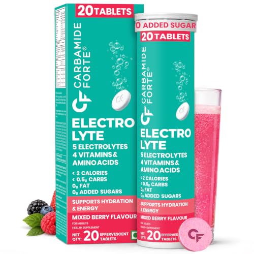 Image of Carbamide Forte Electrolyte Supplement with Zero Added Sugar | Electrolyte Hydration Tablets for Sustained Energy with 5 Essential Electrolytes No Sugar, Low Calorie Hydration | Added L-Glutamine & Taurine, Vitamin C & B-Complex | Mixed Berry Flavour | 20 Effervescent Tablets
