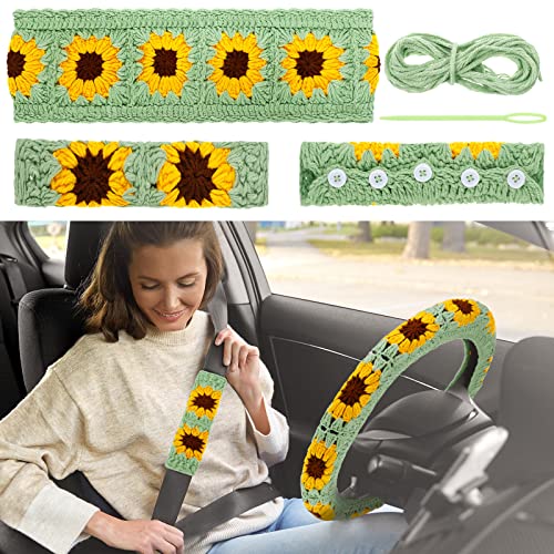 2 Pcs Crochet Steering Wheel Cover With Crochet Belt Cover Sunflowerd Handmade Crochet Flower Steering Wheel Cover For Women Girl Cars (Yellow, Dark Green) #TOP21