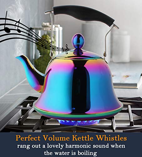 Whistling Tea Kettle Stovetop Stainless Steel Teakettles Teapot with Infuser for Flower Tea Maker Fast Boiling Mirror Finish Rainbow 2 Quart