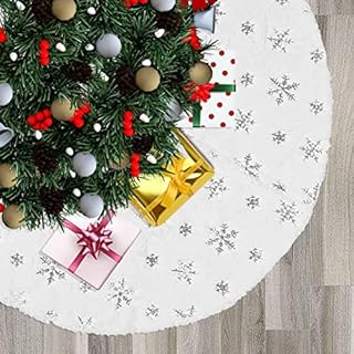 White Christmas Tree Skirt with Snowflake Design - Silver Embroidered Sequin Print, 90cm Plush Faux Fur Christmas Tree Skirt, Xmas Tree Base Cover, Holiday Party Home Decoration (Silver)