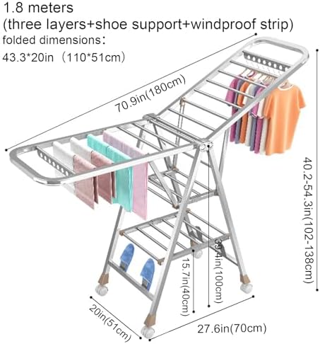 Multi-Functional Stainless Steel Drying Rack, 1.5M Space-Saving Laundry Airer with Shoe Holders, Heavy-Duty Foldable Clothes Rack for Efficient Drying and Organization,1.8 Meter