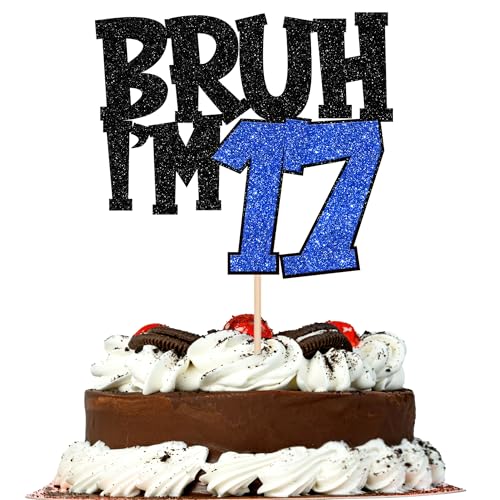 1 PCS Bruh I'm 17 Cake Topper Glitter Happy 17th Birthday Cake Pick Bro I'm 17 Cake Decoration It's My 17th Birthday Decorations for Cheers to 17 Years Old Birthday Anniversary Party Supplies Blue