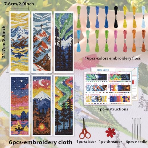 Image of ACRNIGHEET 6PCS Cross Stitch Bookmark Kit for Beginner Stamped Cross Stitch Kits for Adults Nordic Landscapes DIY Embroidery Bookmark Kits Needlepoint Kit with Instructions Craft Gift 8.5''x3'' 11CT