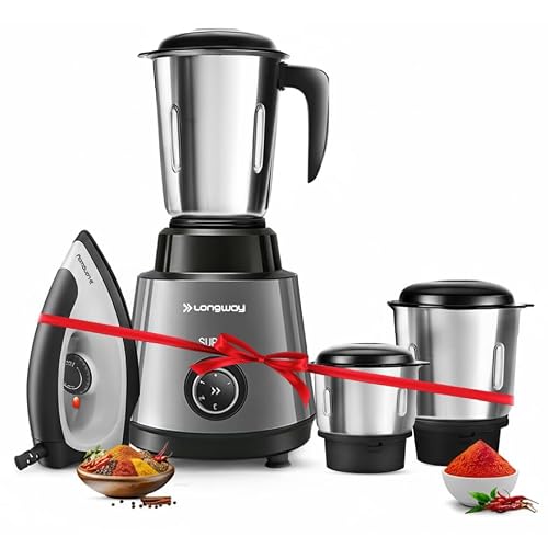 Longway Super Pro Mixer Grinder with Kwid 1100W Dry Iron | 500 W Powerful Motor | 3 Jars for Grinding, Mixing, Juicing | 2 Years Warranty (Silver & Black, Combo Offer)