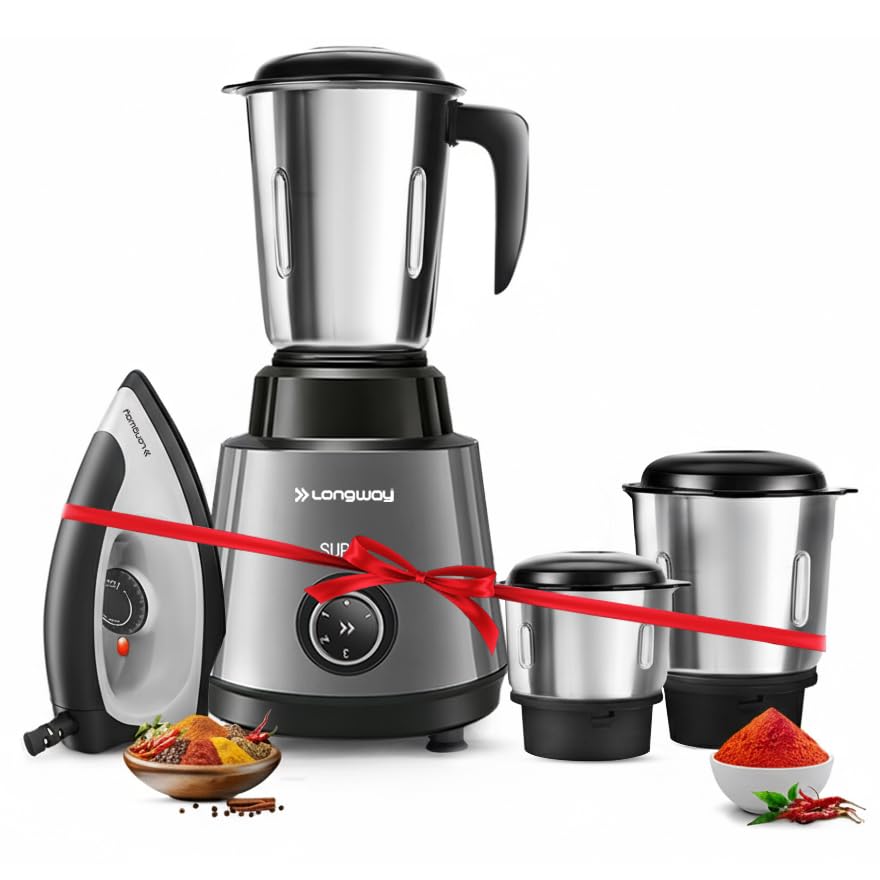 Image of Longway Super Pro Mixer Grinder with Kwid 1100W Dry Iron | 500 W Powerful Motor | 3 Jars for Grinding, Mixing, Juicing | 2 Years Warranty (Silver & Black, Combo Offer)