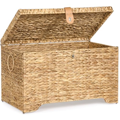 Handwoven Storage Basket with Lid 165L Wicker Storage Bin Natural Water Hyacinth Leather Buckle & Metal Frame Metal Ring Handles for Easy Transport Storage Chest & Trunk for Bedroom Living Room