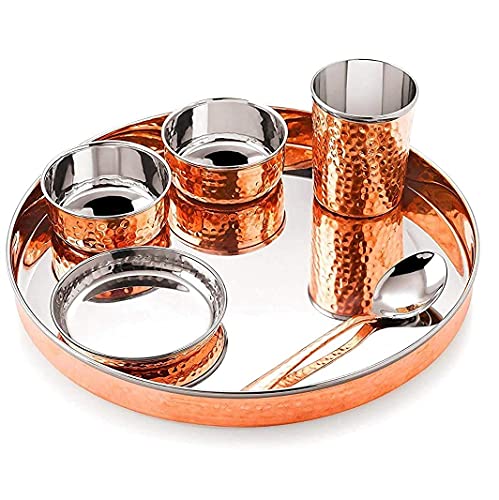 Hammered steel Copper Thali Dinnerware Set Traditional Decorative Indian Style Copper Thali Dinnerware Set 1 Plate 2 Serve Bowls