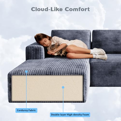 Image of 106 inch Corduroy Sectional Couch, Boneless L Shaped Couch with Deep Seat, Cloud Foam Sofa with Oversized Chaise, Sectional Sofa No Assembly Needed for Living Room