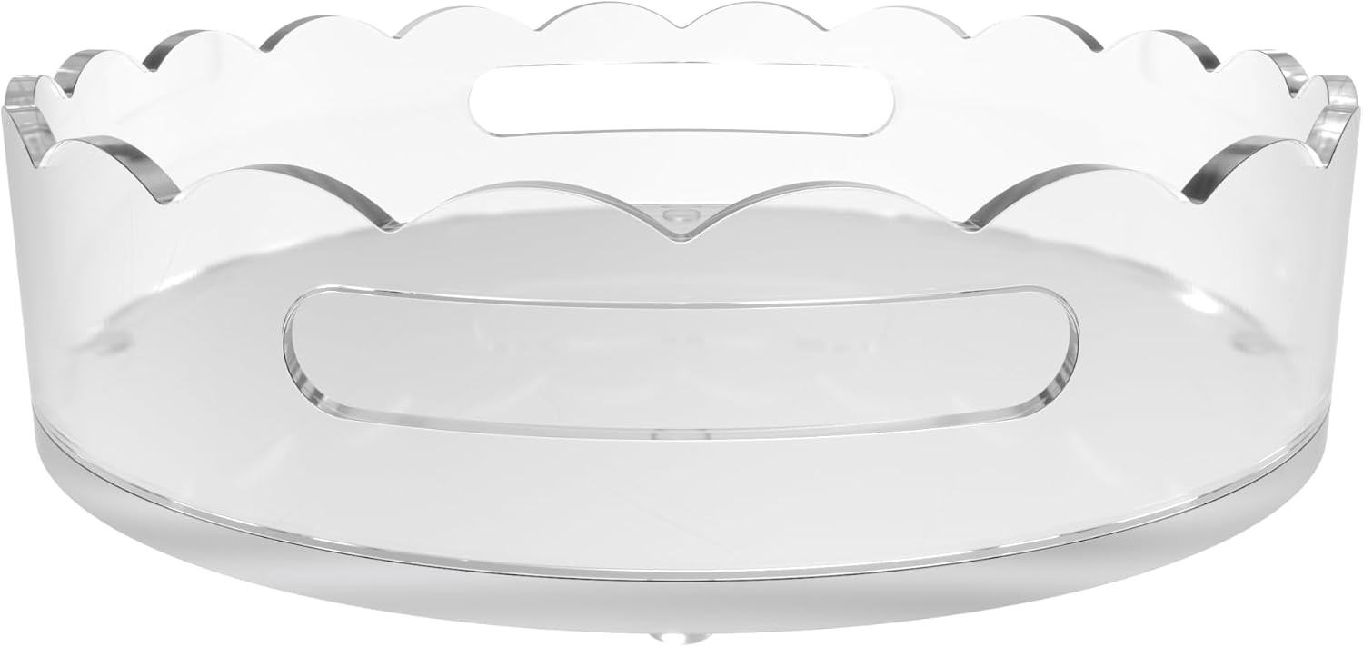 GRAHAM DESIGN 10″ Scalloped Round Acrylic Tray with Handles – Clear Decorative Serving Tray, Modern Vanity or Bar Organizer, Anti‑Slip Tabletop Décor Gift