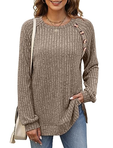 Image of Bofell Long Sleeve Shirts for Women Lightweight Button Decor Tunic Tops Side Split