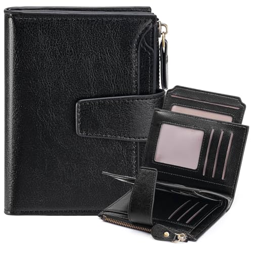 Image of GOIACII Leather Women's Wallet RFID Blocking Credit Card Holder Black | Compact, Small, Trifold Billfold with Zipper Coin Pocket, 4 ID Windows