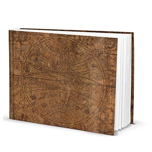 Logbuch-Verlag Cuaderno A4, formato horizontal, vintage, en blanco, hojas blancas, con el texto "Alte Welt", globo del mundo, 148 antiguos, libro de visitas, diario de viaje, libro en blanco