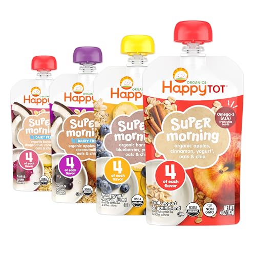 HAPPYTOT Organics Stage 4 Baby Food Pouches, Gluten Free, Super Morning Fruit & Oat Variety Pack Blend 4 Oz (Pack of 16), Amazon Exclusive