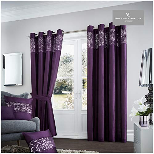 Gaveno Cavailia Aviv Eyelet Curtains Aubergine, 100% Polyester Luxury Ring Top Drapery with Matching Tie Backs