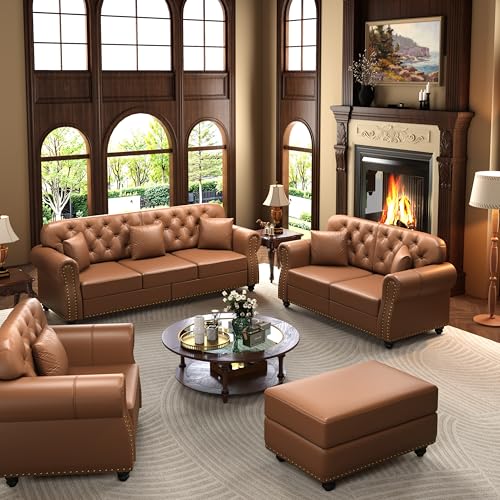 Image of KEIKI 3-Piece Chesterfield Sofa Set with 1 Faux Leather 3-Seater Sofa & 1 Loveseat & 1 Single Sofa, 6-Seater Couch Set with Nailhead Trim & Rolled Arms & 1 Ottoman & 6 Pillow, for Living Room, Brown